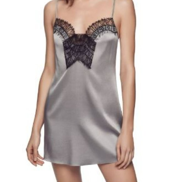 NWT Kiki de Montparnasse Lace-Inset Silk Chemise - silver / black (Size: Medium) - Picture 1 of 7